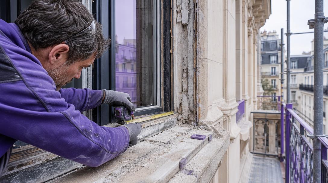 Fenêtre de menuiserie extérieure mesurée par un artisan lors d'un relevé de chantier — menuiserie extérieure en situation de