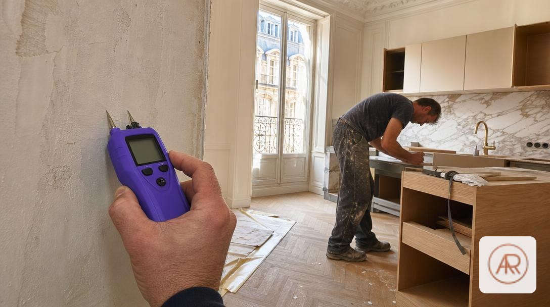 Testeur d'humidité mur avec sonde à pointes enfoncée dans un mur en plâtre