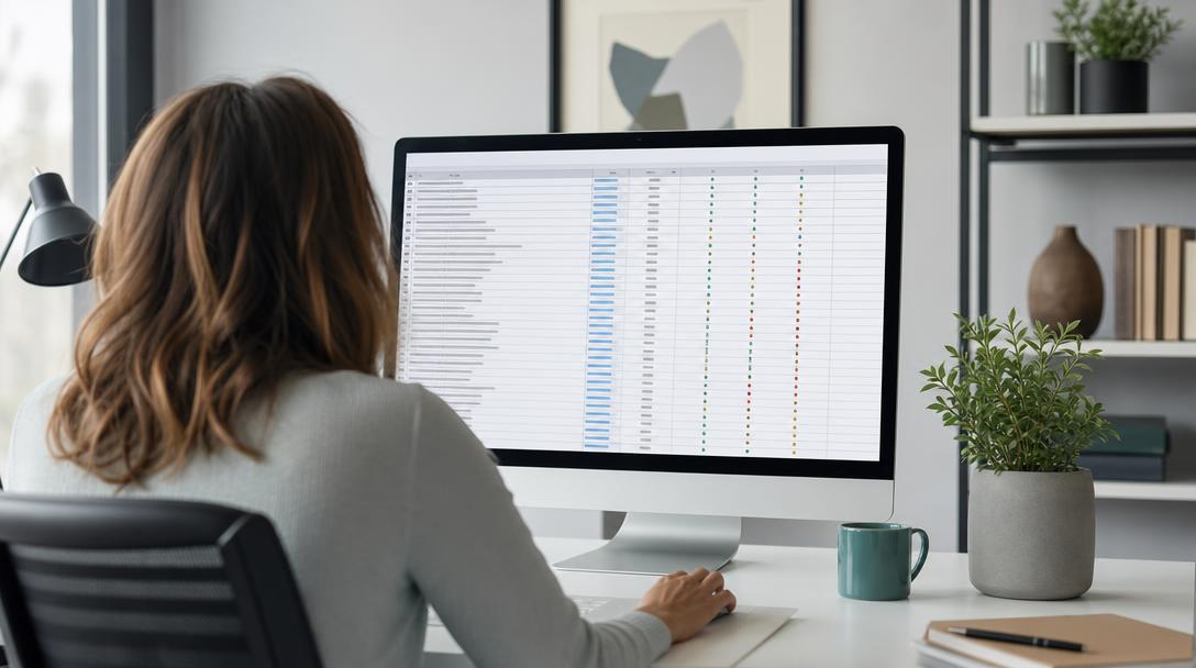 Tableau de 15–30 requêtes stratégiques affiché sur un écran dans un bureau moderne (test de visibilité IA)