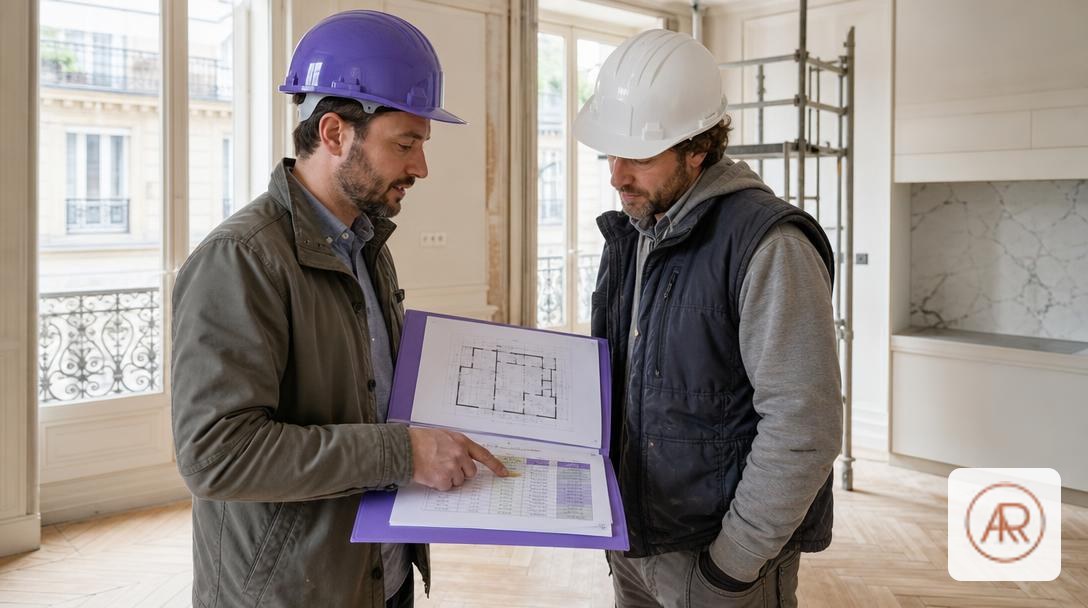 Chef de projet montrant un dossier d'appel d'offres à un artisan sur un chantier d'appartement haussmannien avec finitions so