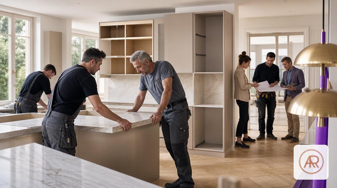 Chantier de pose d'une cuisine IKEA METOD avec ajustement du plan de travail et coordination d'équipes