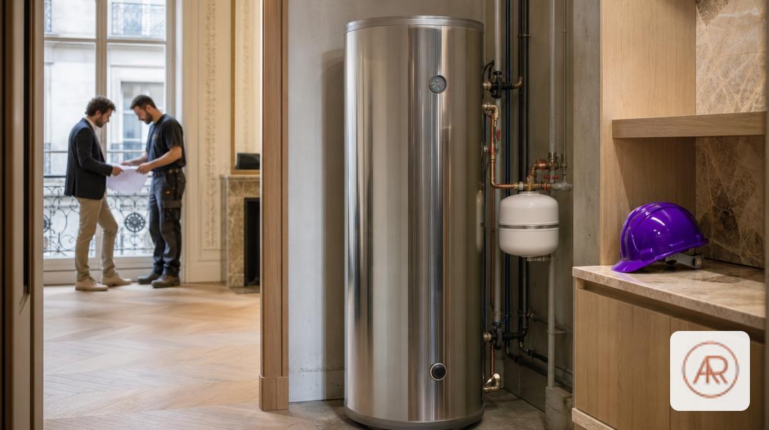 Ballon d'eau chaude vertical en acier inoxydable dans un local technique d'appartement haussmannien, raccordé et prêt à l'uso