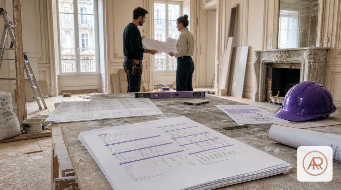 Modèle de devis en ligne posé sur une table de chantier montrant les mentions légales (raison sociale, SIREN, adresse) dansun