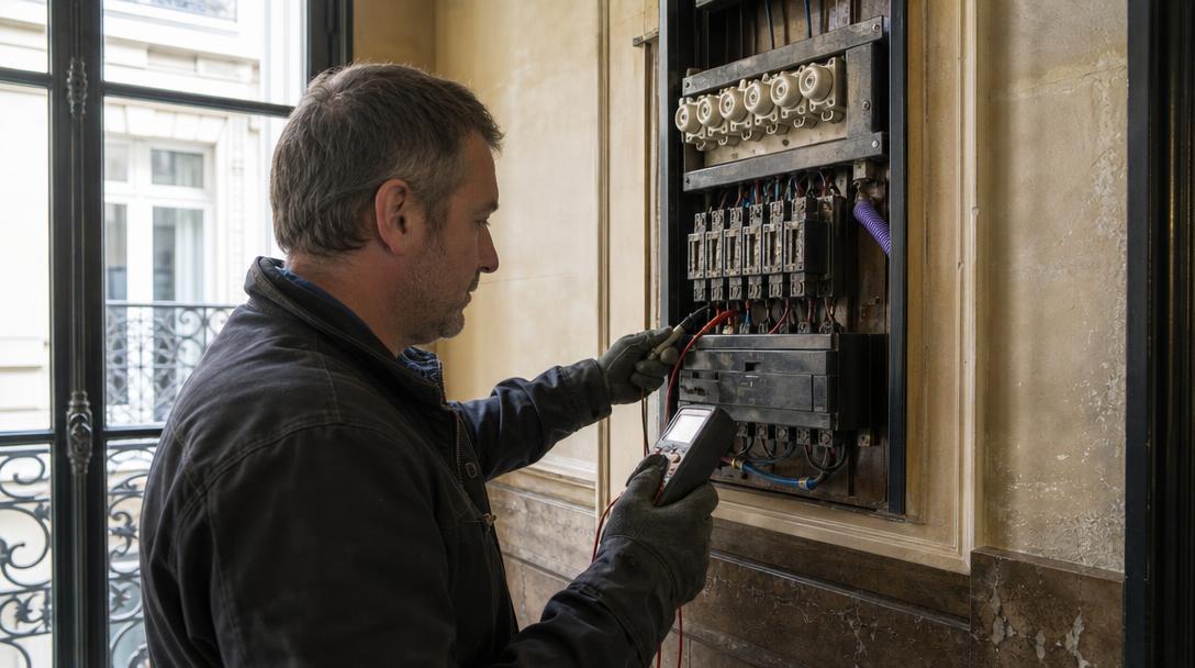 Tableau électrique ancien à fusibles dans un appartement haussmannien de Paris