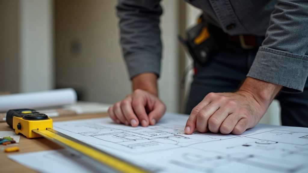 Chef de chantier examinant un devis détaillé avec plans et échantillons, rénovation intérieure chiffrage poste par poste