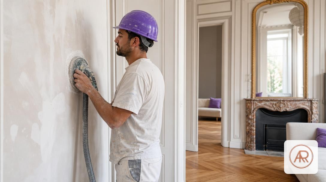 Peintre maison poncant un mur avant la mise en peinture dans une maison ancienne