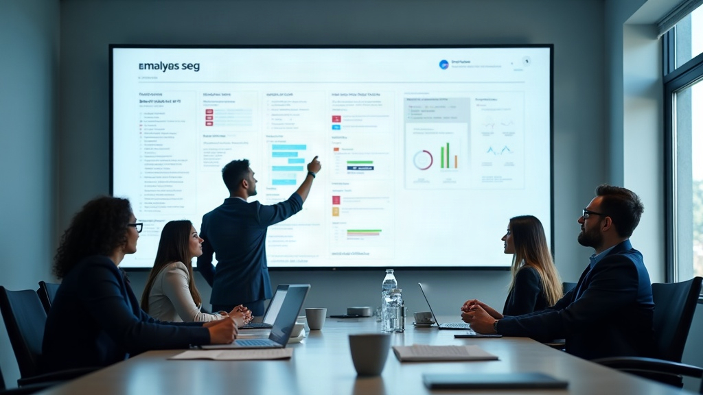 Réunion d'équipe devant un tableau SEO avec une colonne '5–60 minutes', scène de planification des tâches rapides pour le SEO