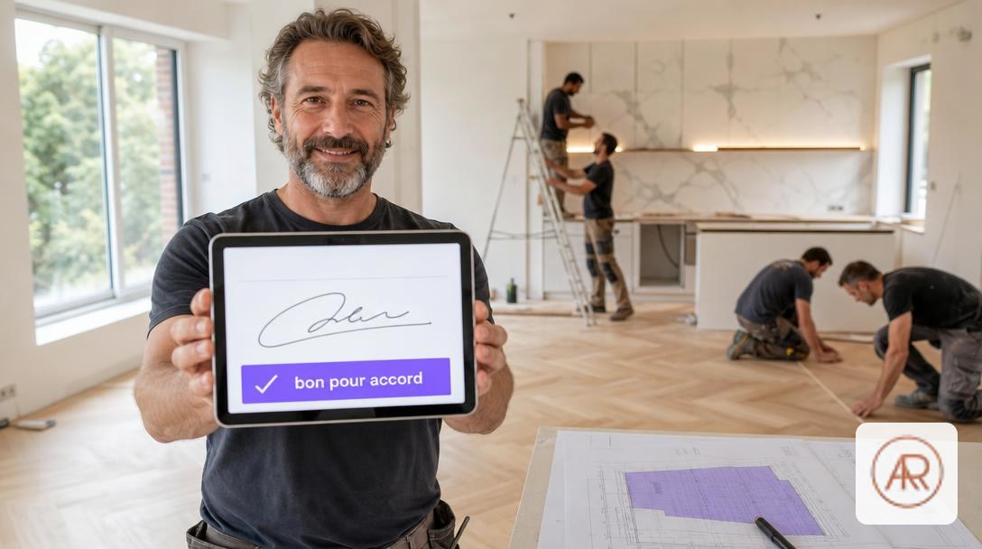 Tablette affichant un devis signé électroniquement avec la mention « bon pour accord », artisan et équipe de chantier en fond