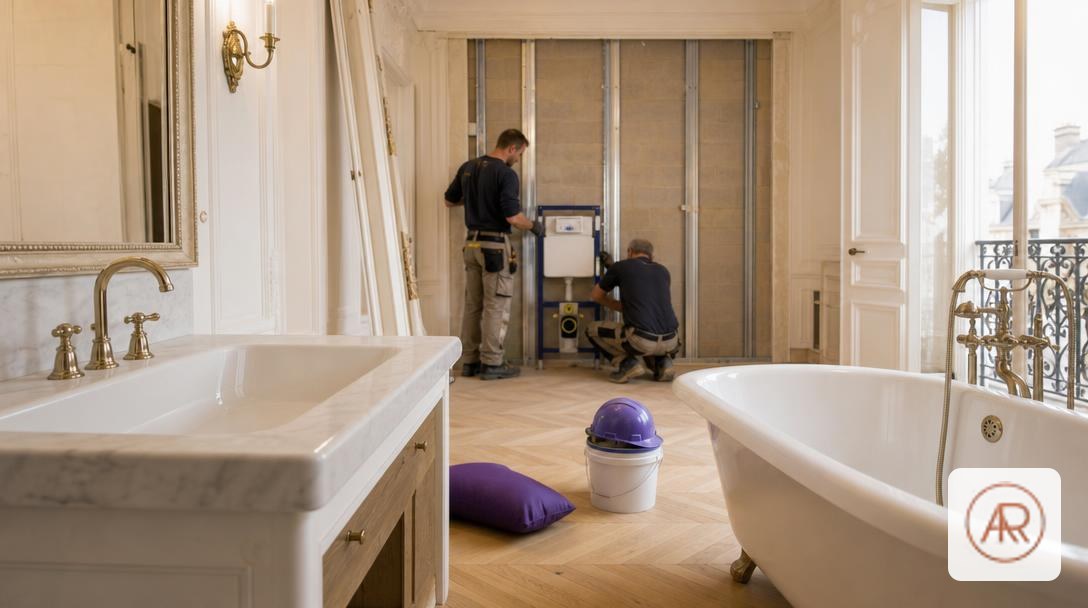 Lavabo et baignoire (appareils sanitaires) en chantier de rénovation, artisans posant un bâti‑support, ambiance haussmannien,