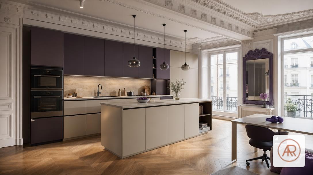 Plan 3D d'une cuisine IKEA METOD avec îlot central et meubles modulaires en situation de rénovation haussmannienne