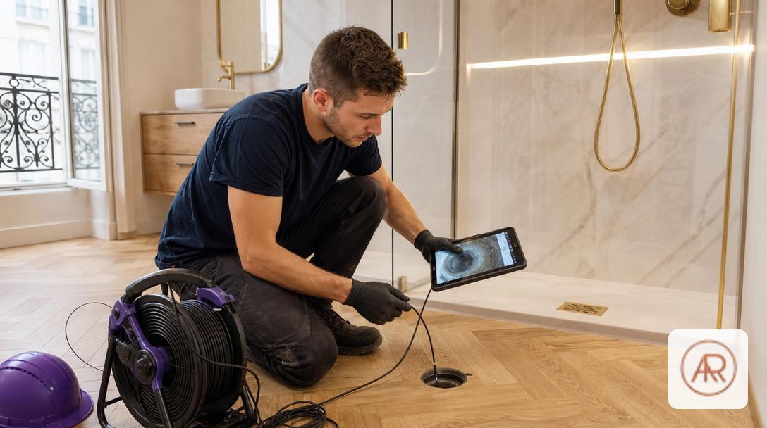 Technicien insérant une caméra d’inspection dans la bonde de douche tandis qu’un autre consulte la tablette, douche rénovée à