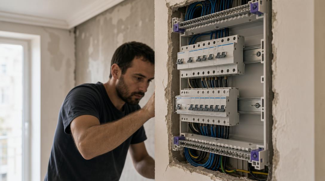 Pose d'un tableau électrique neuf à trois rangées pendant un chantier