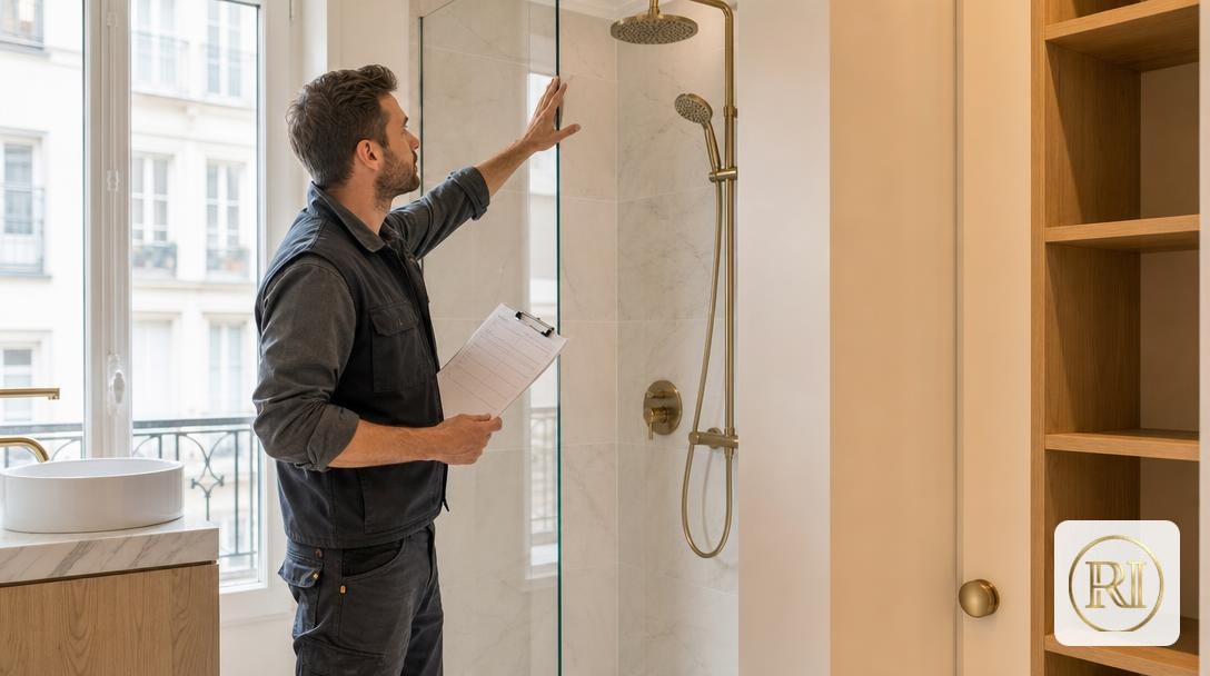 Artisan vérifiant une douche rénovée avec joints époxy et une checklist du PV de réception des travaux en main