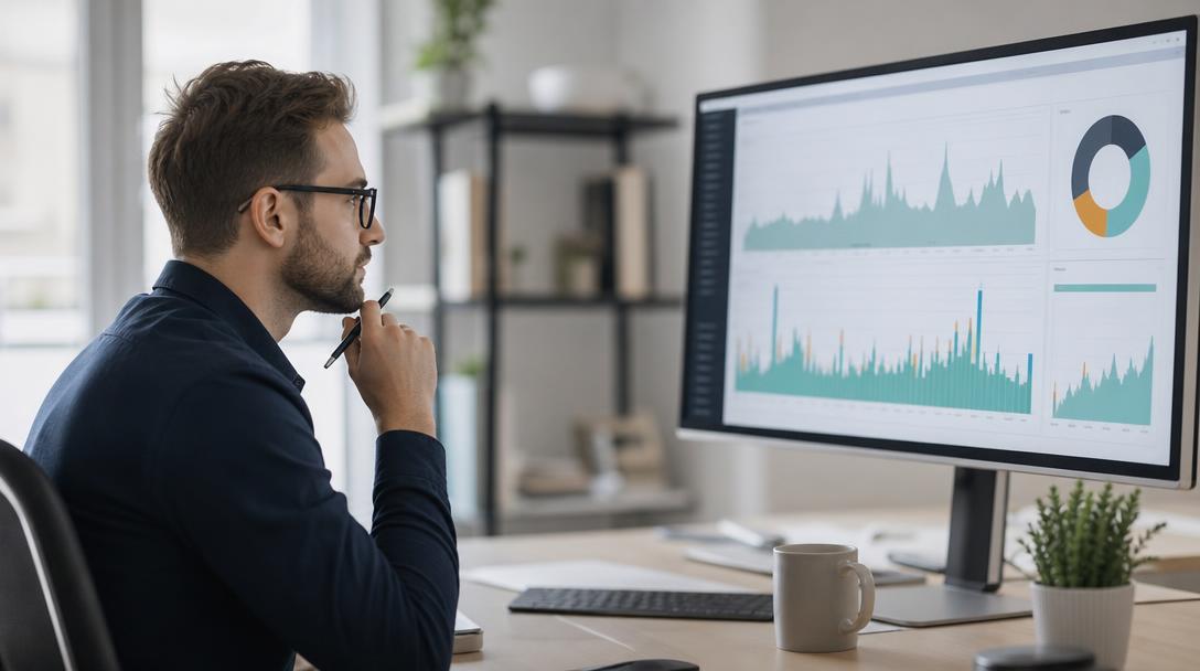 Analyse des volumes de recherche d'un logiciel SEO sur un écran de bureau