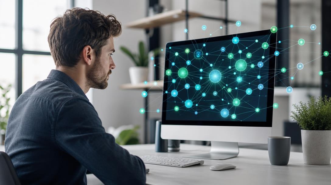 Réseau de mots liés autour d'une page web, illustrant l'optimisation sémantique