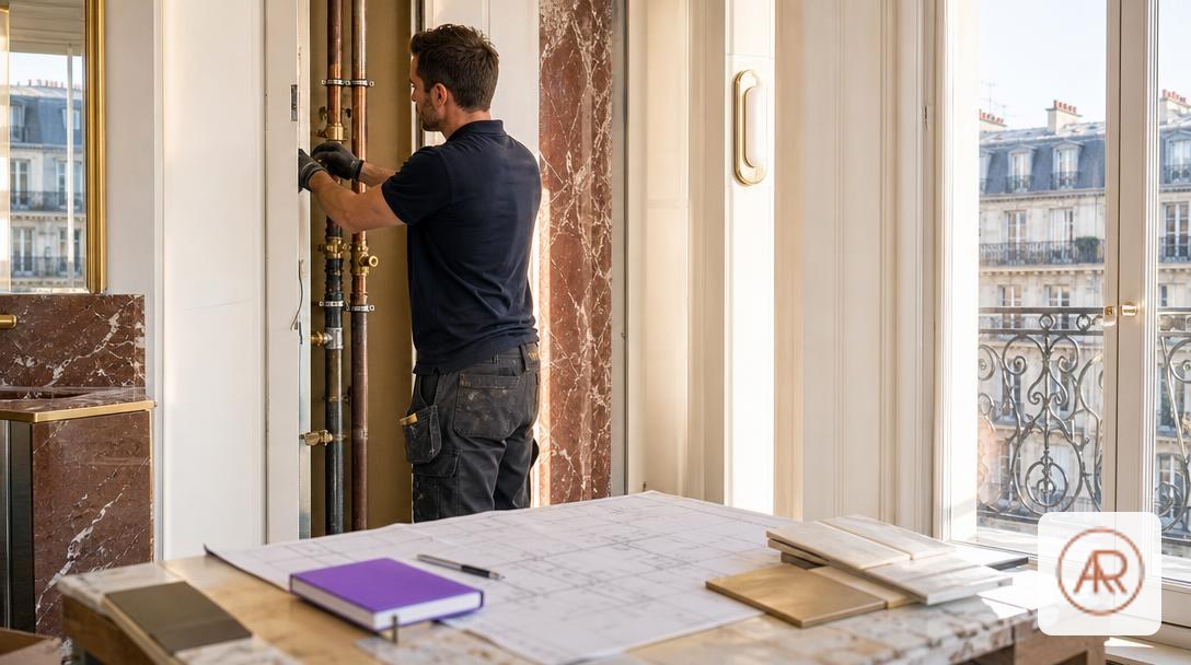 Artisan réparant une canalisation dans un appartement haussmannien, chantier de plomberie et coordination des interventions