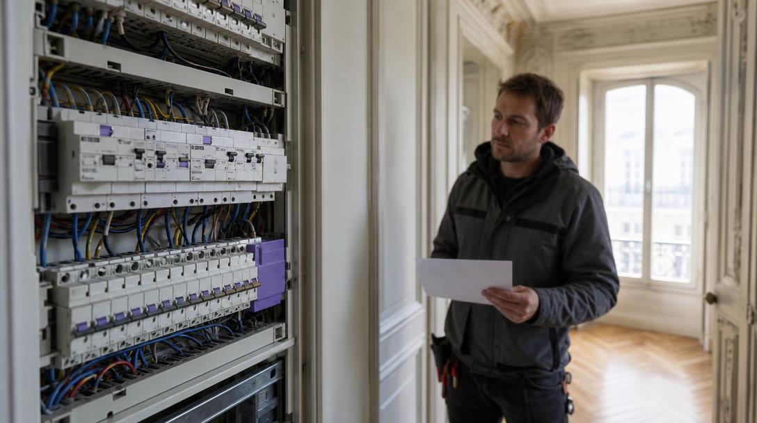 Disjoncteurs et différentiels d'un tableau électrique vérifiés avant signature