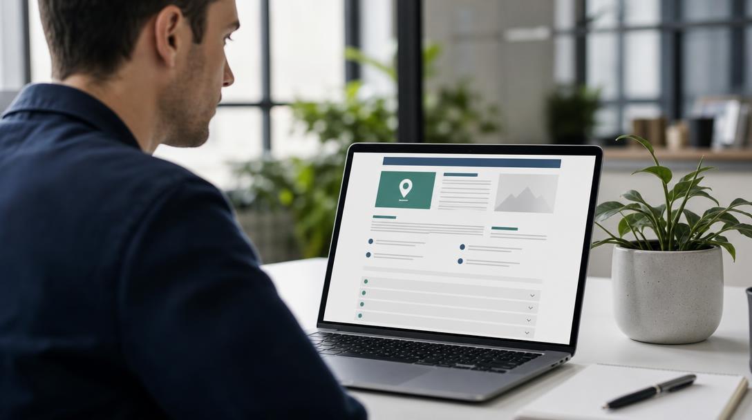 Personne structurant une page web pour le GEO SEO sur un écran dans un bureau moderne et minimaliste