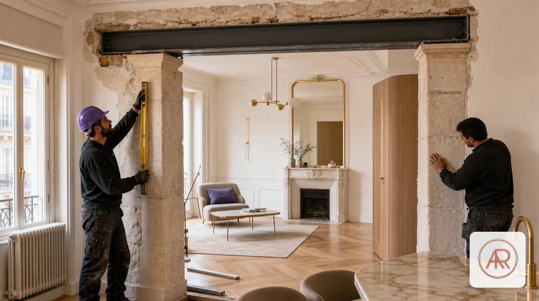 Ouverture de mur porteur renforcée par un IPN acier dans un appartement parisien