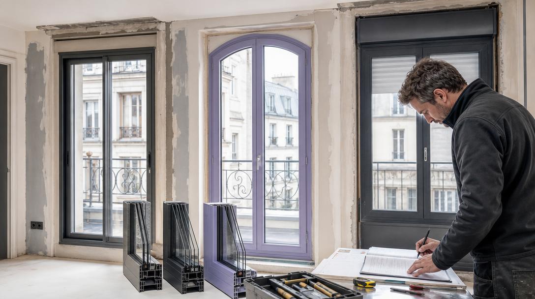 Technicien annotant un tableau comparatif de devis pour l'installation de menuiseries extérieures sur site de chantier