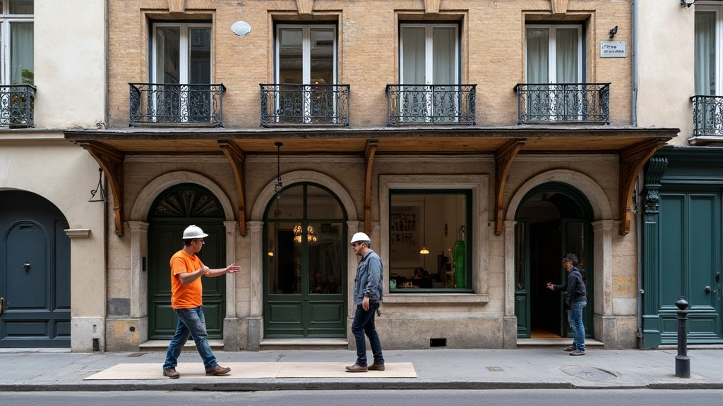Façade haussmannienne du 2e arrondissement de Paris avec un artisan consultant des plans