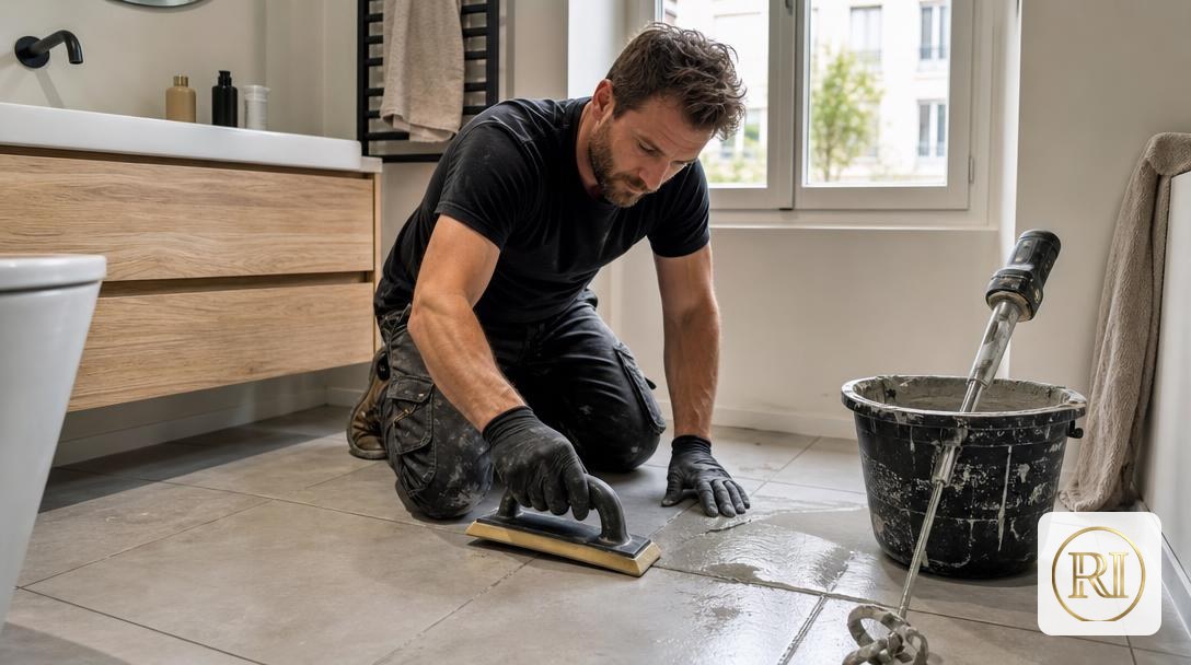 Artisan appliquant un joint époxy au carrelage à la spatule dans une salle de bain parisienne
