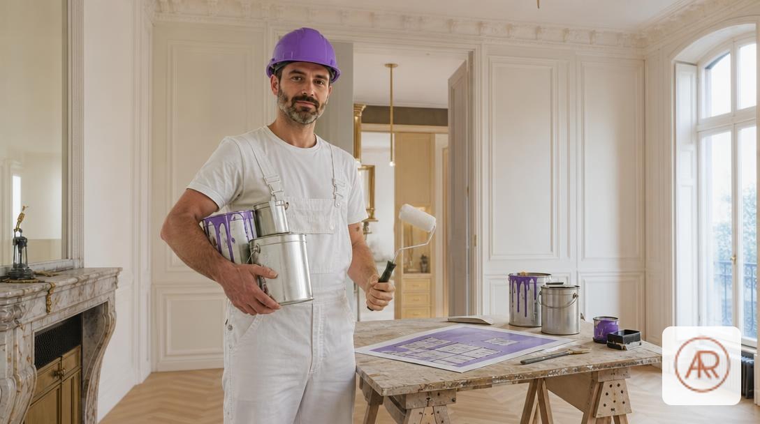 Pots de peinture et rouleau prêts pour un peintre maison dans un salon