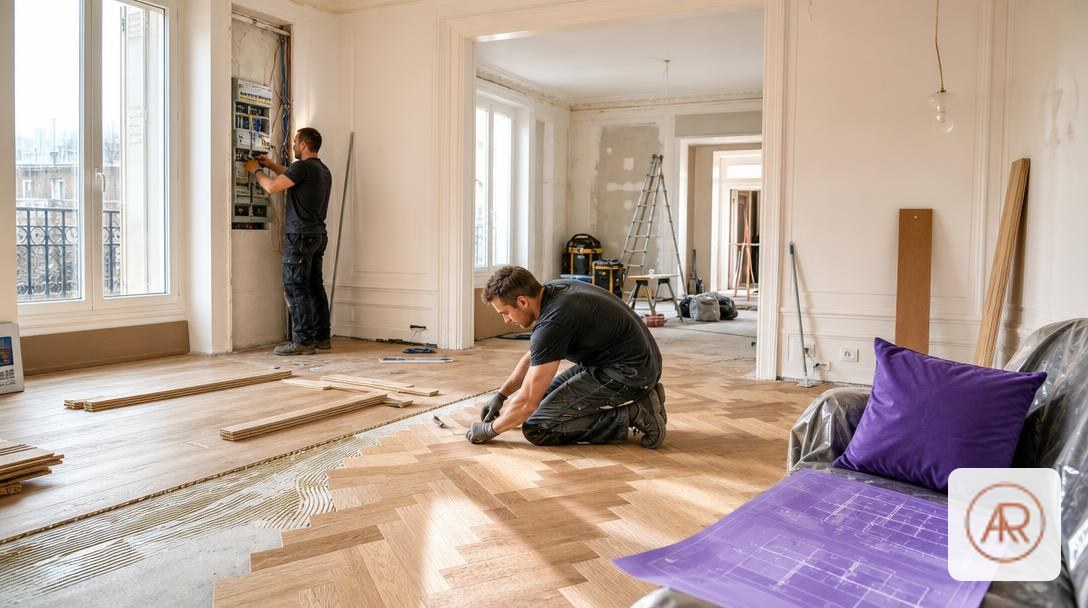 Pose de parquet contrecollé lors d’une rénovation totale d’appartement 80 m², artisans coordonnés, plan violet #7C5CFC posé