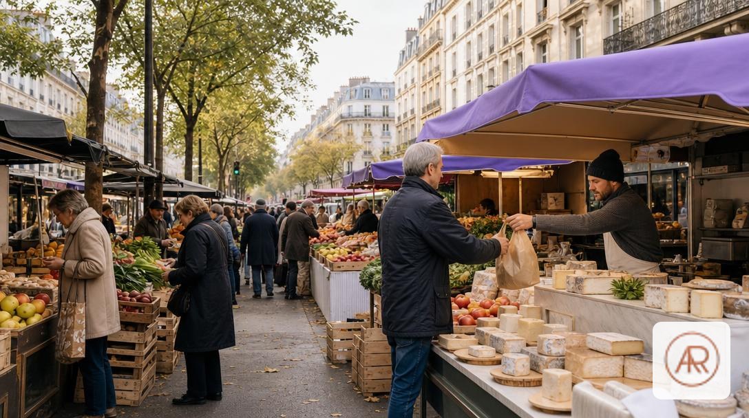 Étals du marché Bastille avec fruits, légumes et fromages sur le boulevard Richard-Lenoir à Paris