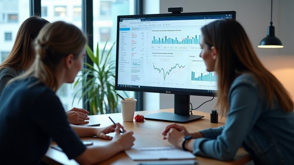 Équipe SaaS en réunion examinant un audit SEO sur un écran, illustrant l'analyse et la priorisation des actions SEO.