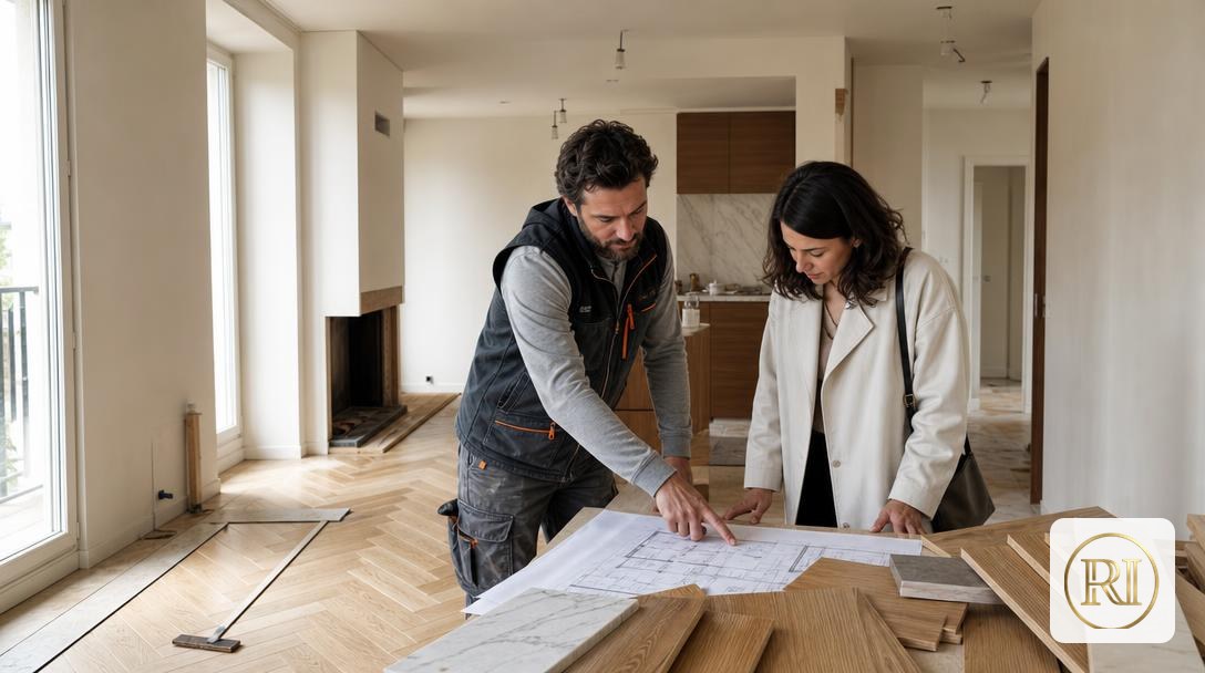Entreprise de rénovation à Paris : artisans et cliente en plein chantier d'appartement