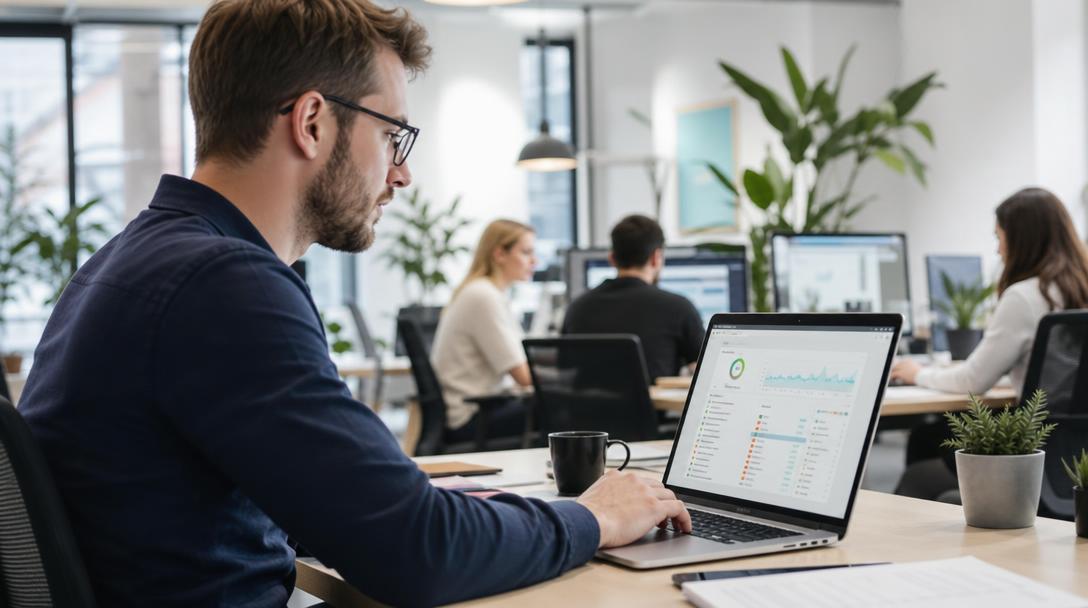 Personne en profil réalisant un audit SEO complet sur un ordinateur portable au bureau