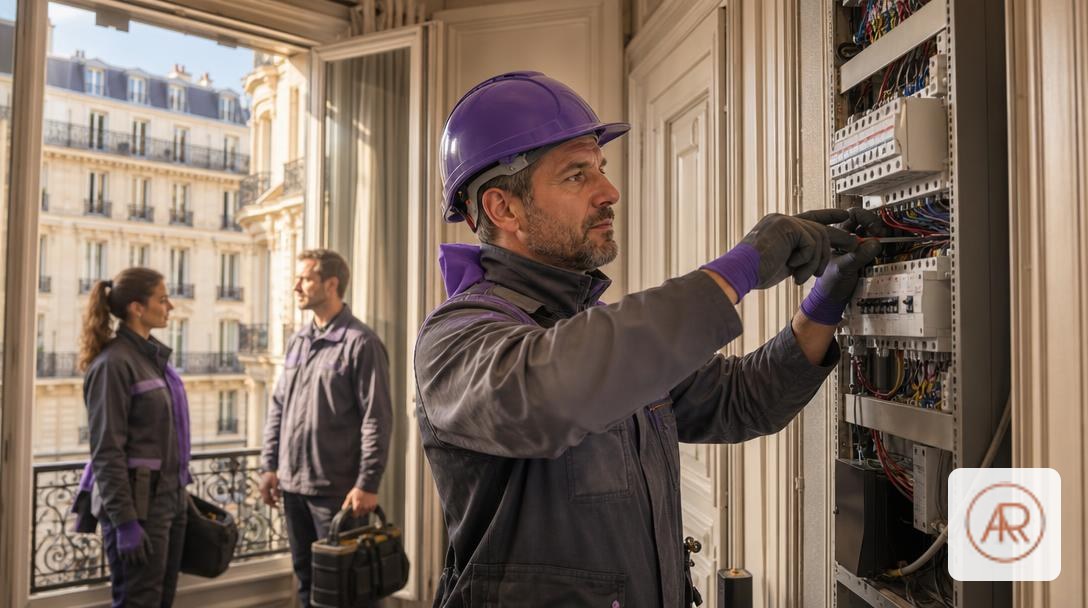 Électricien Paris intervenant en urgence devant un tableau électrique dans un appartement haussmannien