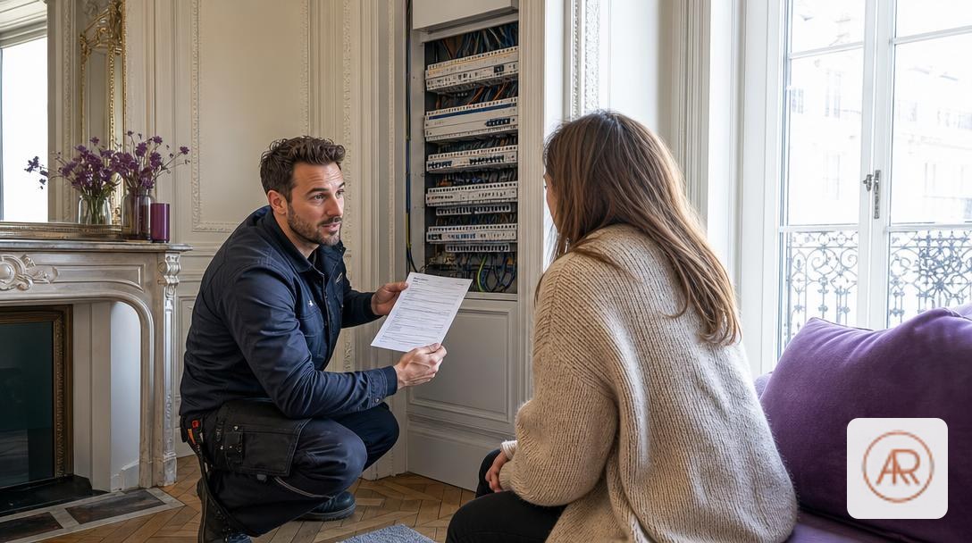 Électricien Paris montrant une attestation d'assurance et vérifiant la conformité du tableau électrique