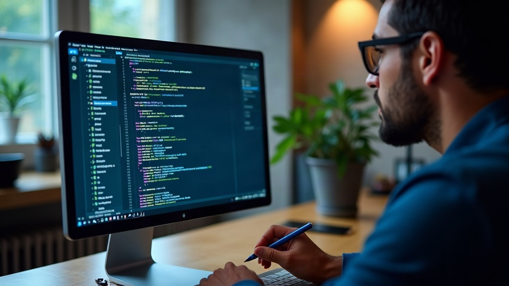 Développeur travaillant sur l'optimisation on-page d'une page web, montrant l'importance du texte HTML lisible par les IA.