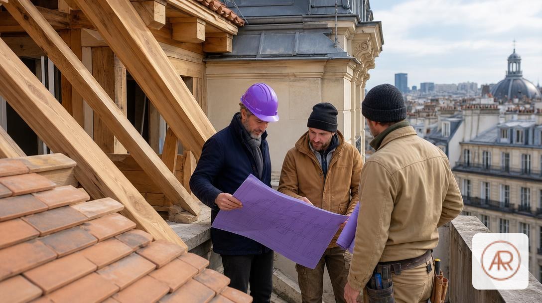 Artisans en train de refaire sa toiture avec une charpente neuve sur un immeuble haussmannien à Paris