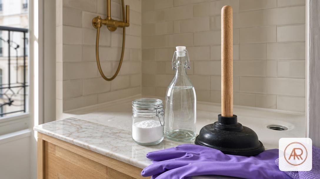 Ventouse au premier plan avec bicarbonate et vinaigre posés au bord d’une douche, bonde ouverte et robinet laiton brossé — dé