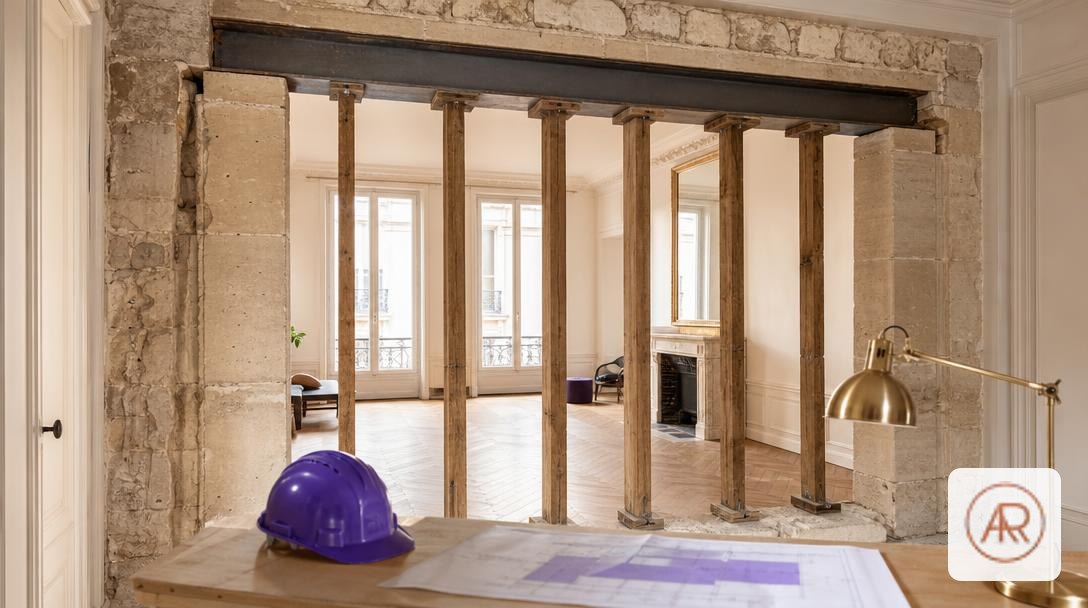 Ouverture dans un mur en pierre avec jambages et étais pendant des travaux d'ouverture de mur porteur