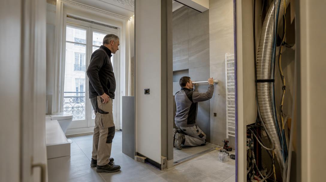 Salle de bain senior adaptée avec douche à l’italienne et barres d’appui en cours de pose