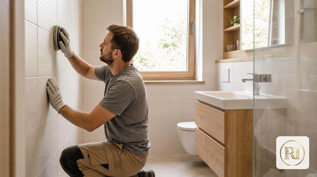 Idée rénovation salle de bain : artisan qui ponce une faïence avant peinture spéciale carrelage