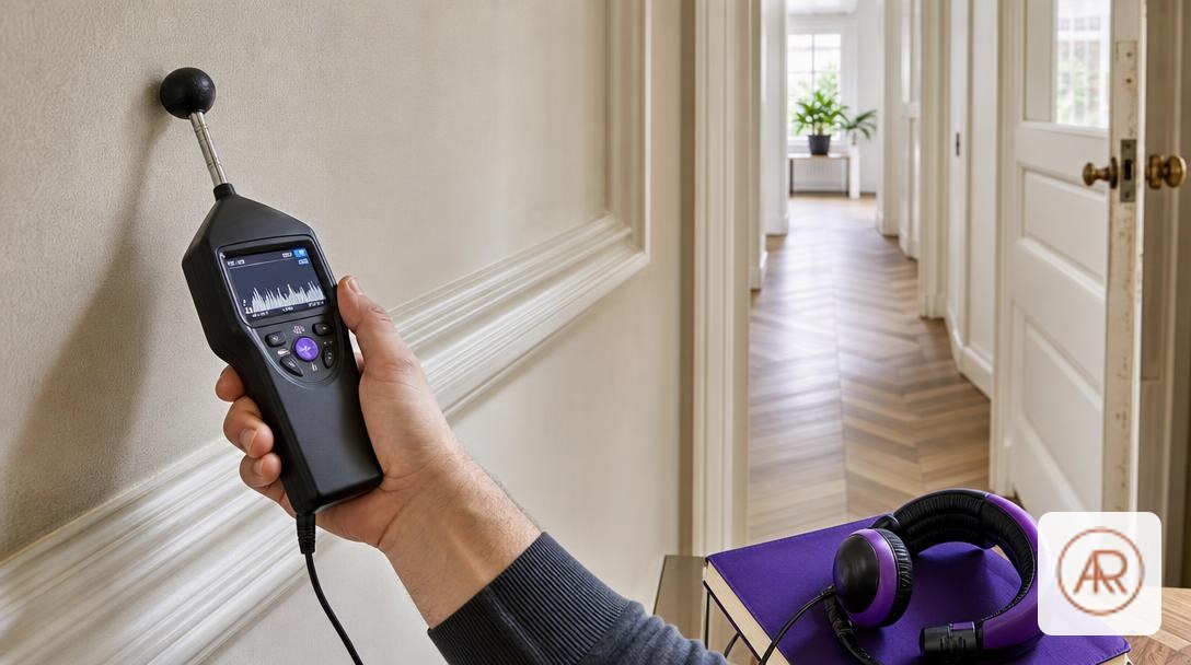 Détecteur de fuite acoustique tenu par un artisan devant un mur intérieur, diagnostic de fuite non visible