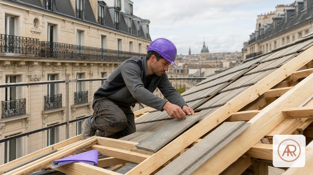 Pose de tuiles béton sur une toiture en cours de réfection, pour estimer le coût d'une réfection de toiture