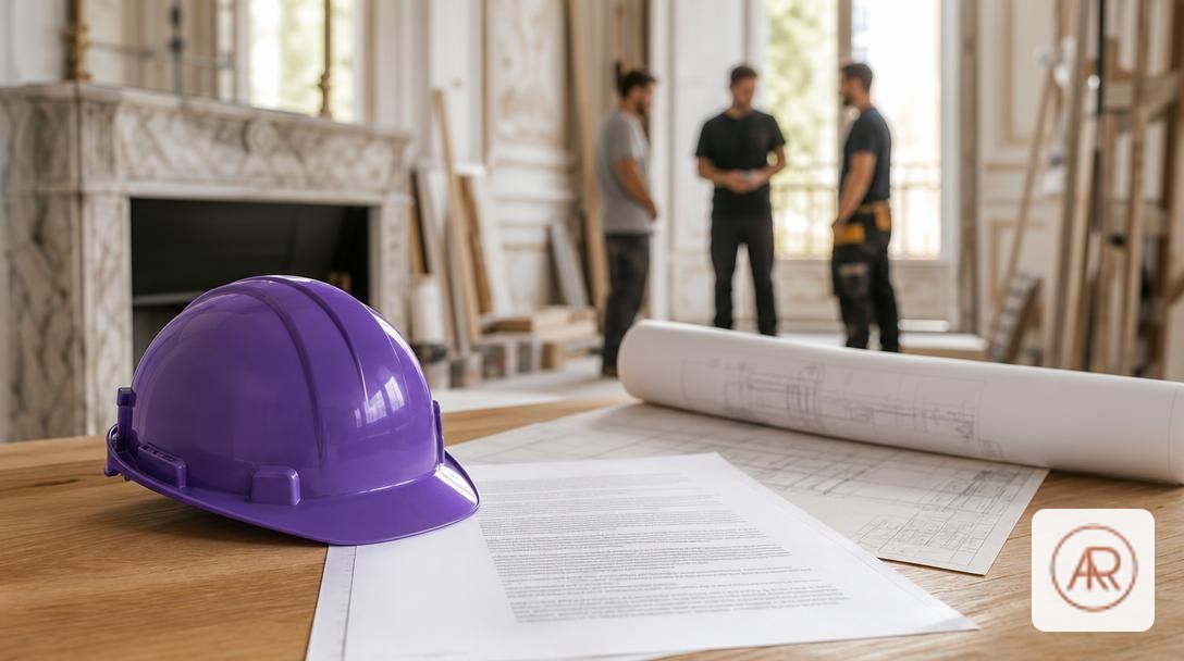 Contrat d'assurance décennale et RC pro posé sur un bureau avec casque de chantier violet #7C5CFC et plans de rénovation, sur