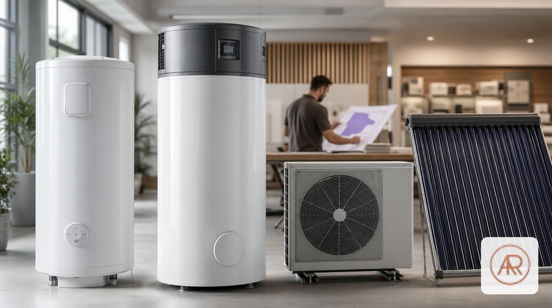Trois types de ballons d'eau chaude (électrique, thermodynamique, solaire) exposés côte à côte dans un showroom technique